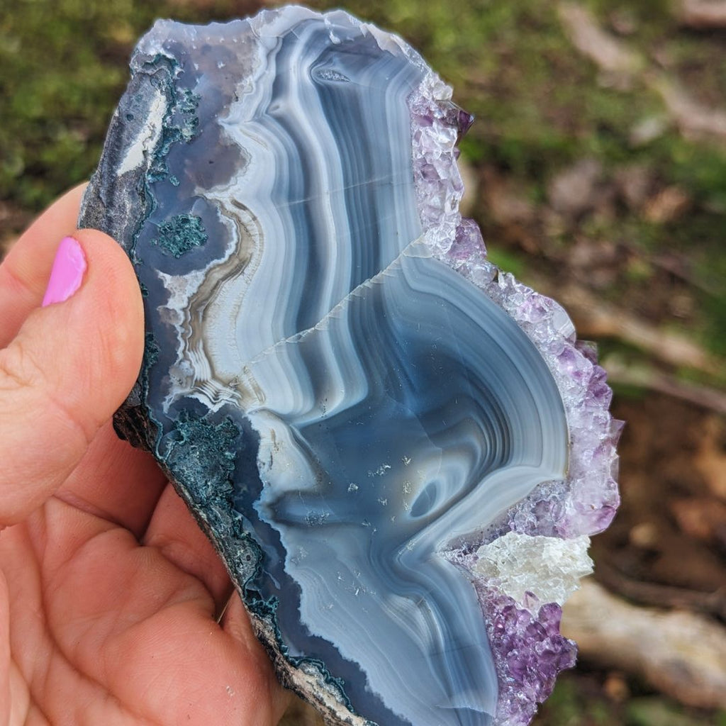 Amethyst Cluster Slice with Agate Banding, Includes Calcite ~ Dazzling Energies for Opening your Third Eye - Earth Family Crystals