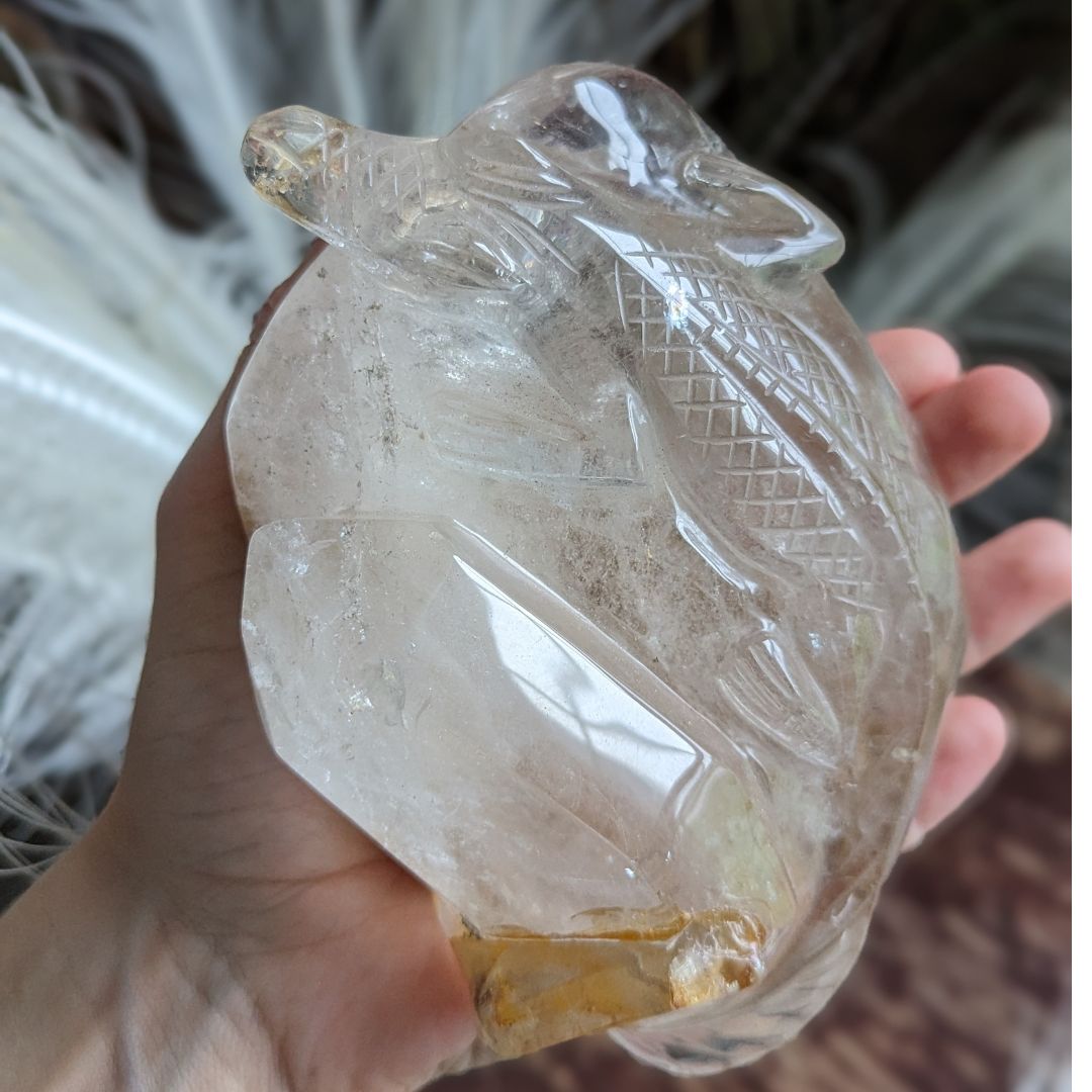 Incredible LARGE 1.1 KG Luxury Carving, Alligator on a Crystal Bed ~ One of a Kind, Brazilian Garden Quartz with Hematoid and Rutile Inclusions - Earth Family Crystals