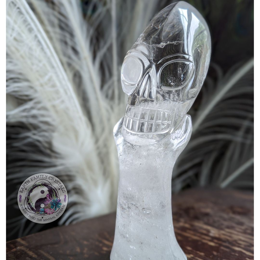 AMAZING BRAZILIAN QUARTZ CARVING~ Mystical Hand with Alien Skull ~ Intricately hand carved in Brazil ~ Luxury Display Quartz Crystal Carving - Earth Family Crystals