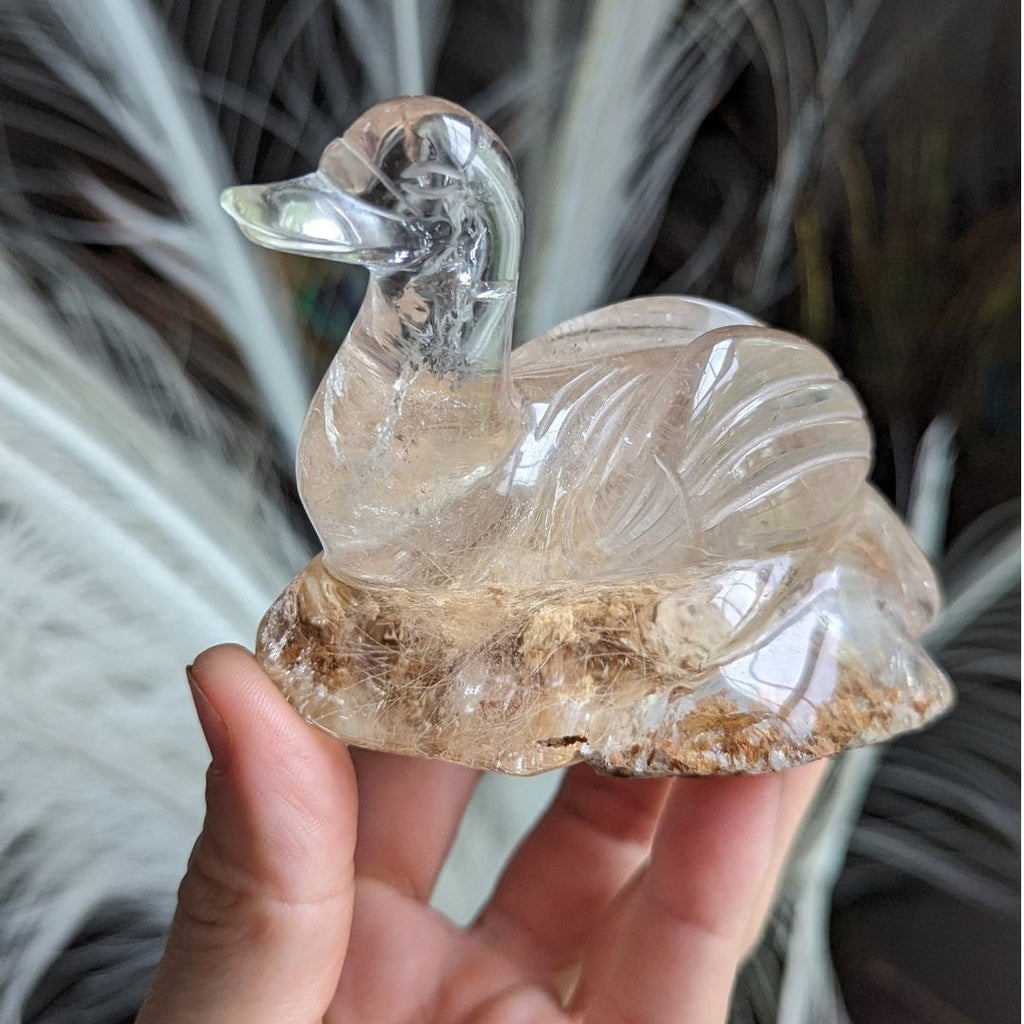 One of a Kind Golden Rutile and Garden Quartz Swan Carving from Brazil~ Tranquil, Serene and Peaceful Energies - Earth Family Crystals