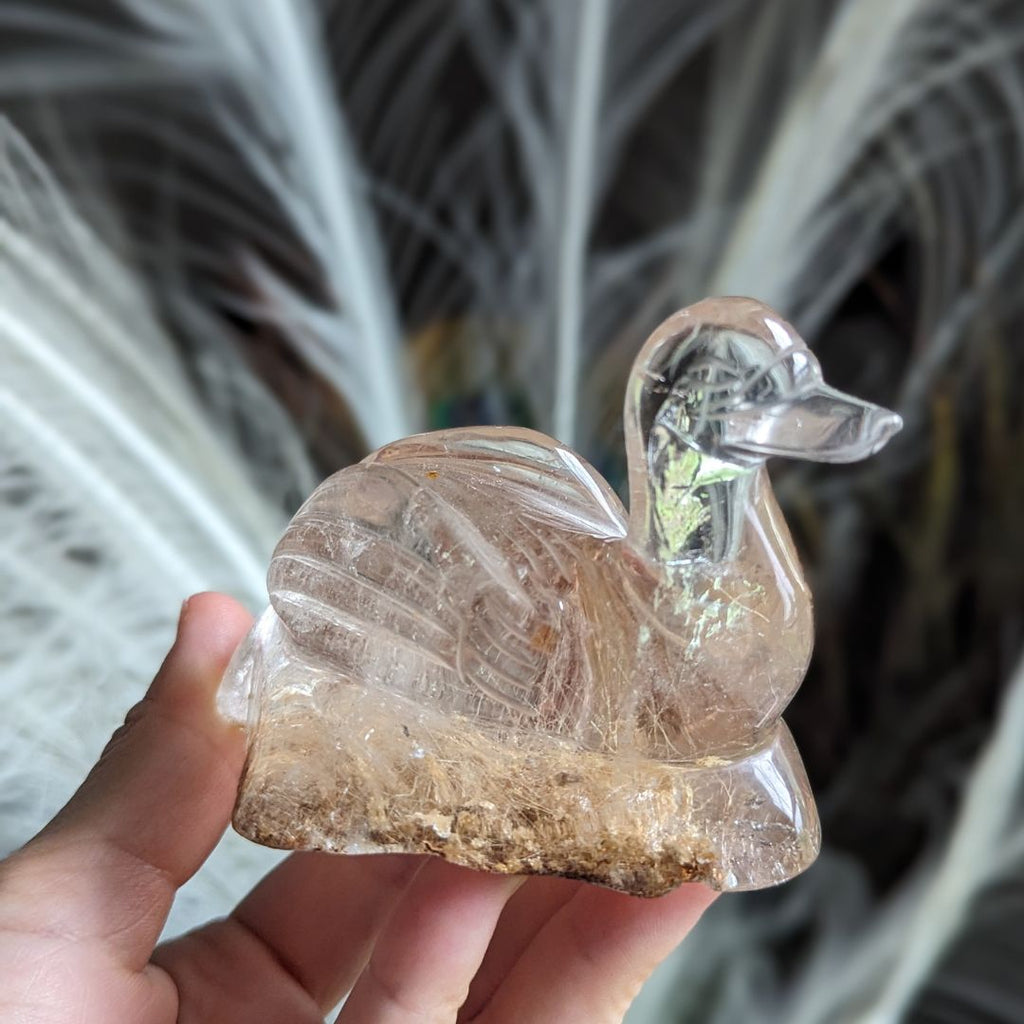 One of a Kind Golden Rutile and Garden Quartz Swan Carving from Brazil~ Tranquil, Serene and Peaceful Energies - Earth Family Crystals