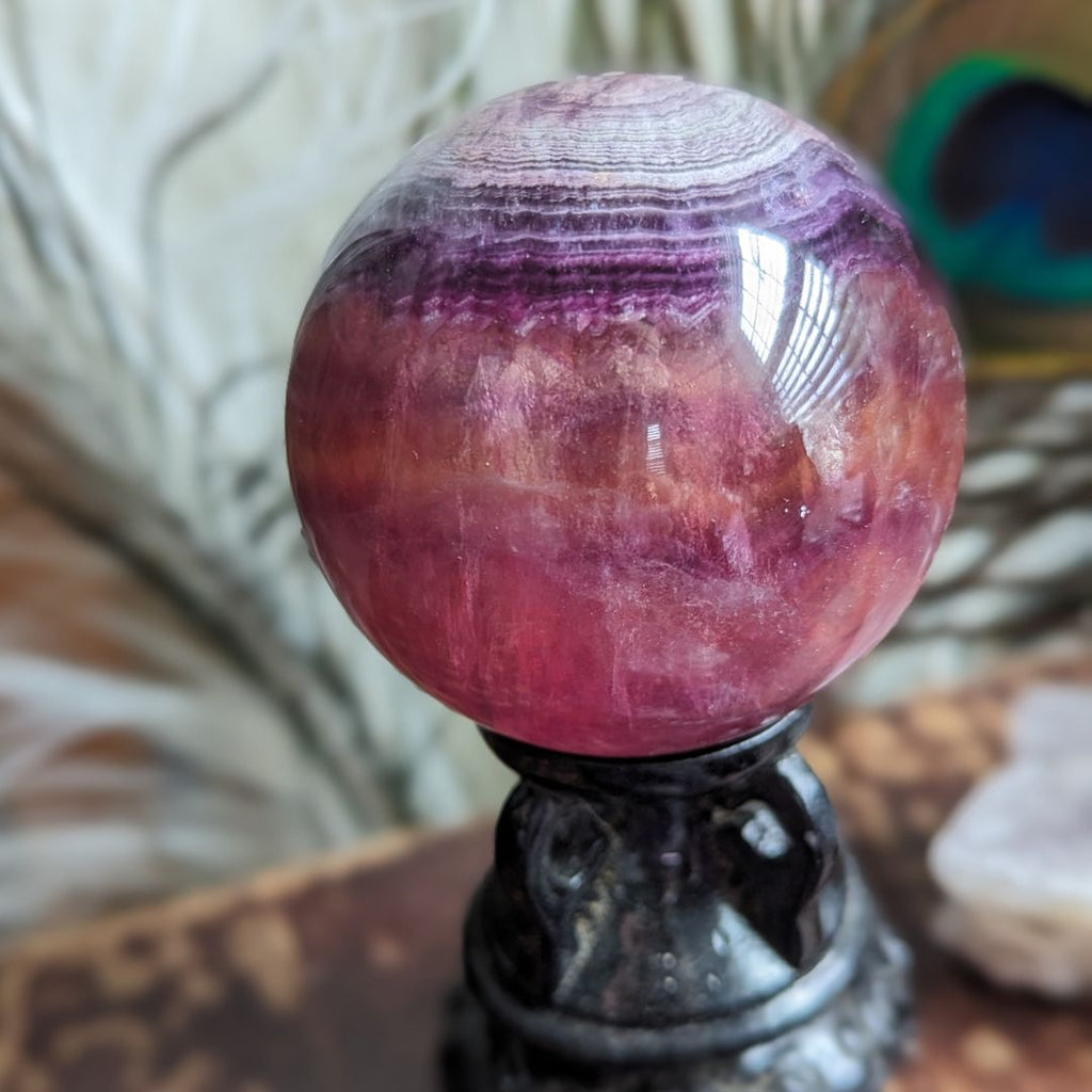 Pink and Yellow Candy Fluorite Sphere Carving with Banding ~ Sweet and Loving Tones~ - Earth Family Crystals