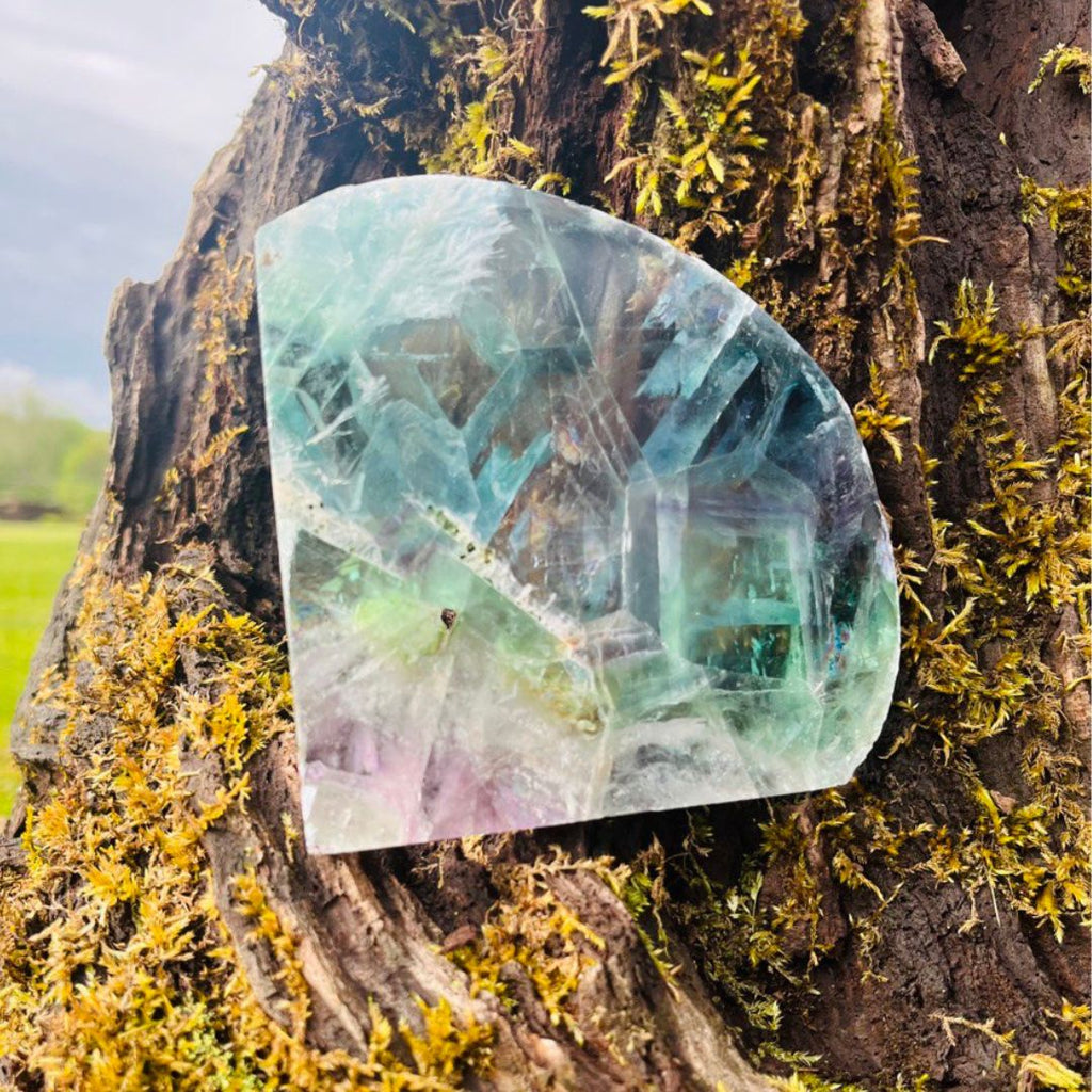Cute, High Vibe Green and Blue Fluorite Slice Diamond Carving with RAINBOWS! - Earth Family Crystals