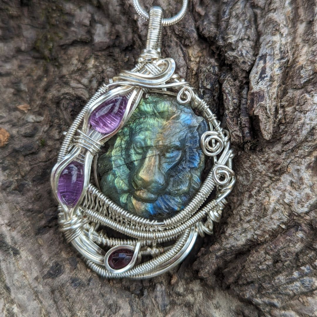 Labradorite Talisman Lion Pendant with Amethyst and Garnet ~ Gorgeous Flash and Astral Protection Qualities ~ Includes Silver Chain - Earth Family Crystals