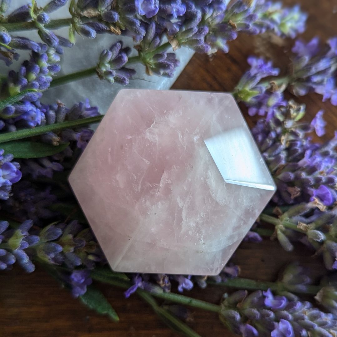 Rose Quartz Hexagonal Palm Stone Carving for Inducing a Love Frequency