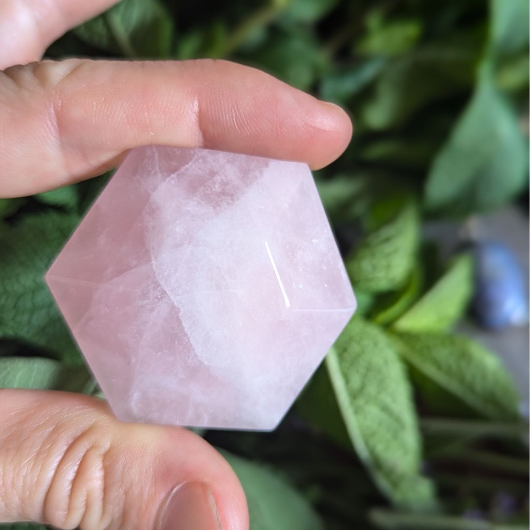 Rose Quartz Hexagonal Palm Stone Carving for Inducing a Love Frequency