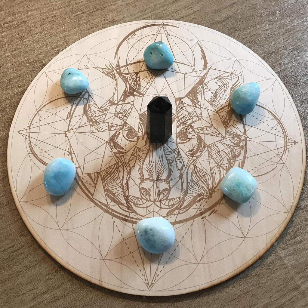 Wolf Flower of Life Crystal Grid - Earth Family Crystals