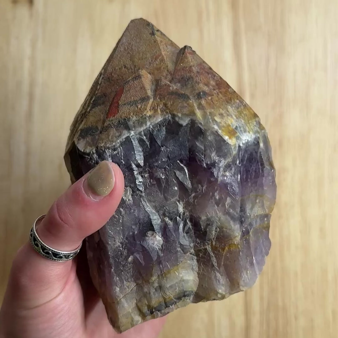 Load video: Jumbo Auralite 23 Natural Raw Gemstone Point with Record Keepers and Hematite Crust