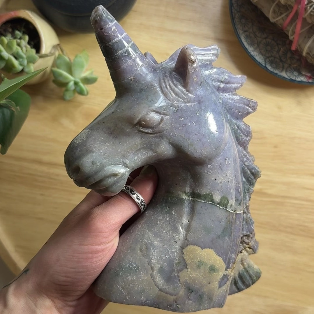 Load video: Magical Jumbo Grape Agate Crystal Unicorn Carving Display Specimen from Indonesia