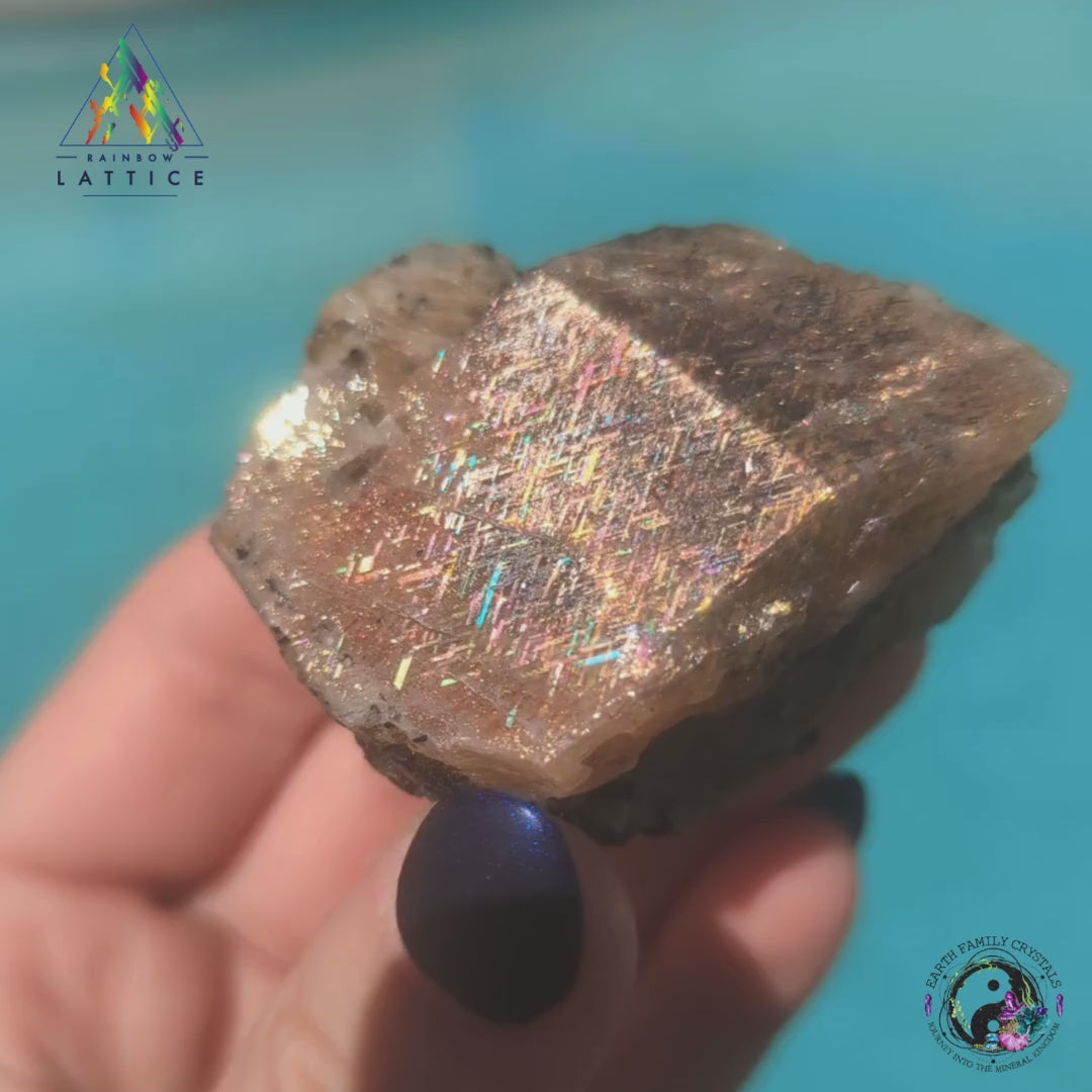 Load video: Rainbow Lattice Sunstone - Amazing Ultra Rare Collector&#39;s Specialty Size Gem Partially Polished