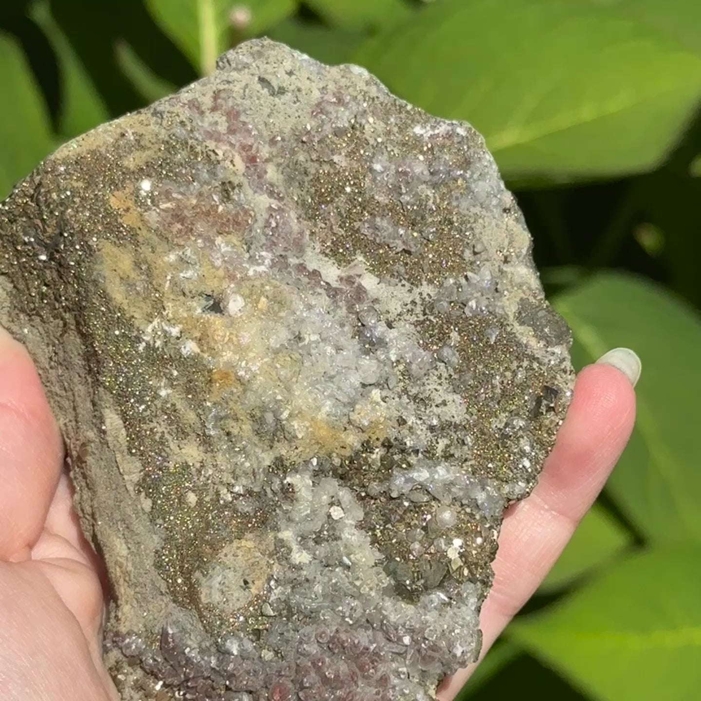 Load video: Beautiful Golden Pyrite Caked Calcite Specimen with Red Hematoid Inclusions