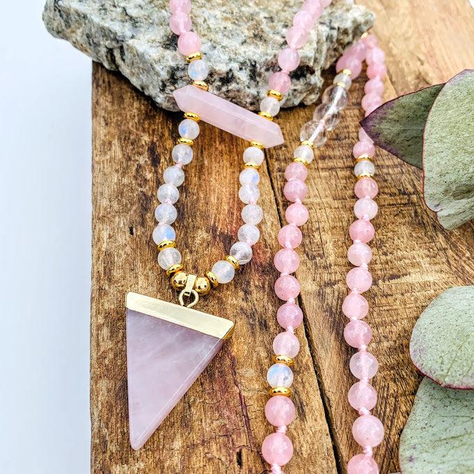 Gorgeous Beaded Rose Quartz & Rainbow Moonstone Long Mala Style Necklace - Earth Family Crystals