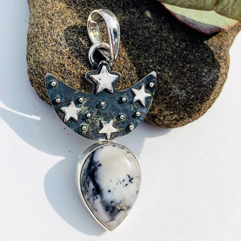 Trendy Crescent Moon & Stars Dendritic Agate Oxidized Sterling Silver Pendant (Includes Silver Chain) - Earth Family Crystals