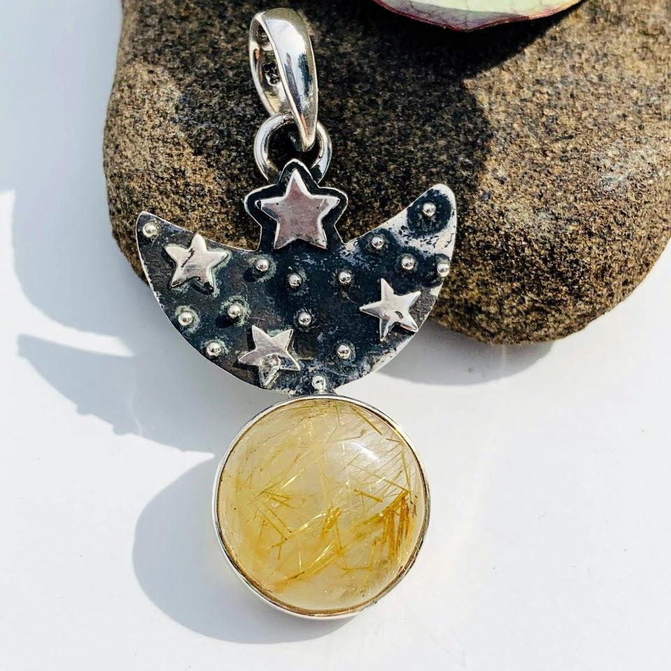 Trendy Crescent Moon & Stars Golden Rutilated Quartz Oxidized Sterling Silver Pendant (Includes Silver Chain) - Earth Family Crystals