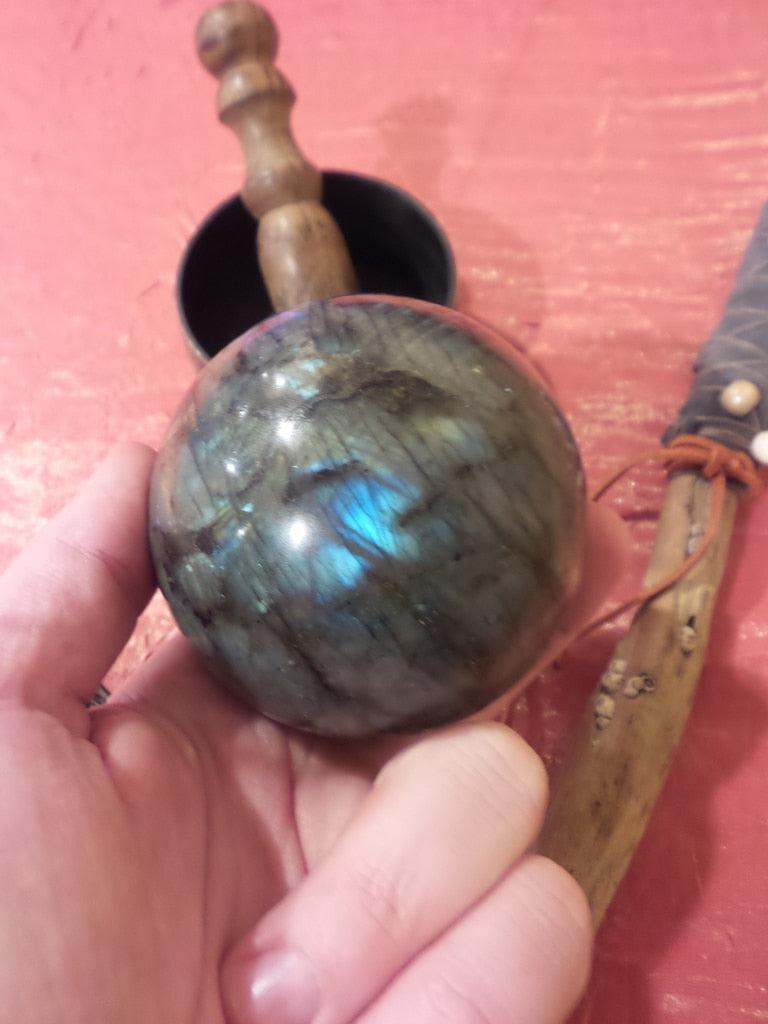 XL Iridescent Blue Green Labradorite Sphere Carving - Earth Family Crystals