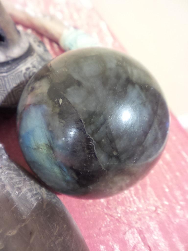 XL Iridescent Blue Green Labradorite Sphere Carving - Earth Family Crystals
