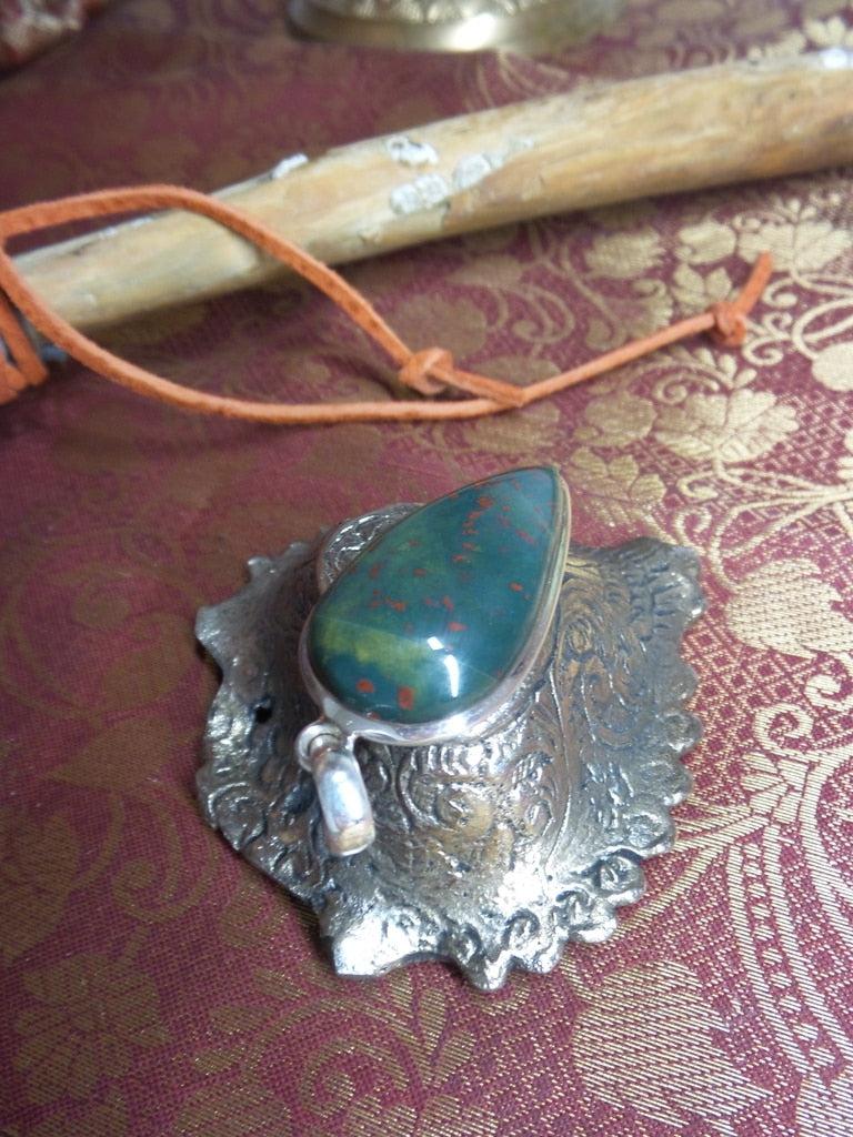 Unique Pattern Red and Green Bloodstone Gemstone Pendant In Sterling Silver (Includes Silver Chain) - Earth Family Crystals
