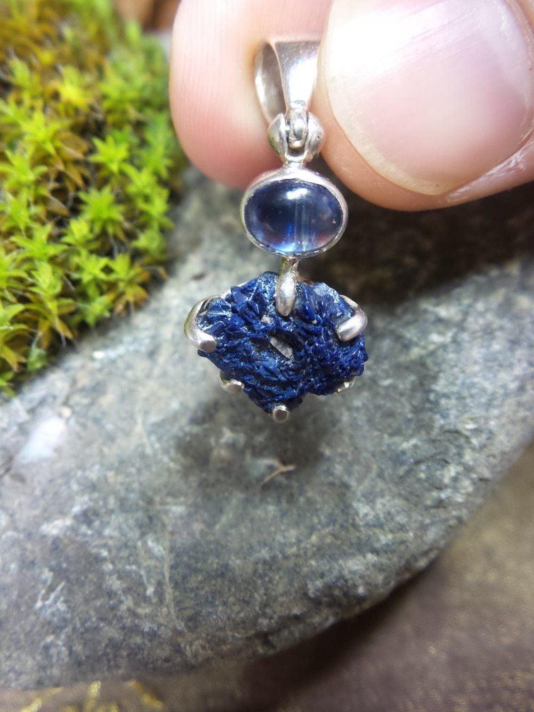 Custom Crafted~ Blue Kyanite and Raw Azurite Gemstone Pendant In Sterling Silver (Includes Silver Chain) - Earth Family Crystals