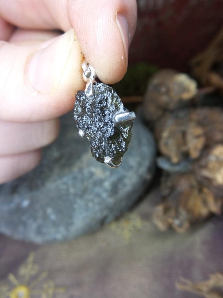Powerful Raw Moldavite Gemstone Pendant In Sterling Silver (Includes Silver Chain) - Earth Family Crystals