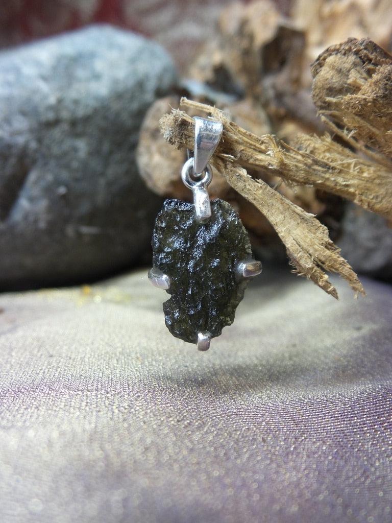 Powerful Raw Moldavite Gemstone Pendant In Sterling Silver (Includes Silver Chain) - Earth Family Crystals