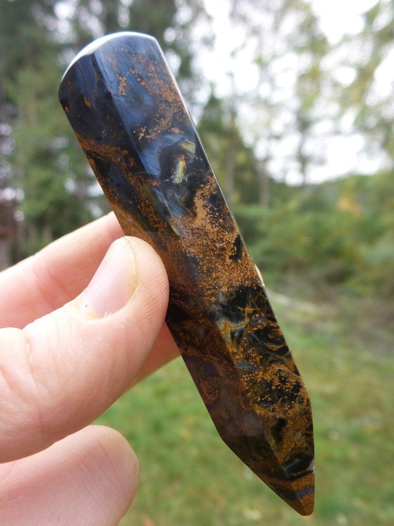 Glowing Dark Gold & Blue Swirls Pietersite Wand Carving - Earth Family Crystals