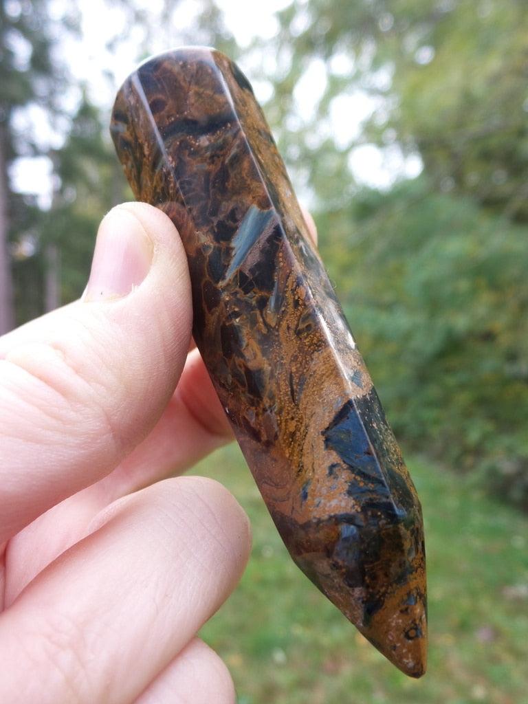 Glowing Dark Gold & Blue Swirls Pietersite Wand Carving - Earth Family Crystals