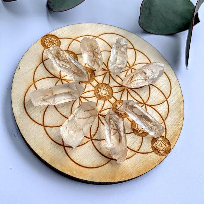 Crystal Mandala Set- 8 Golden Healer Mini Points & Mini Flower of Life Birch wood board - Earth Family Crystals