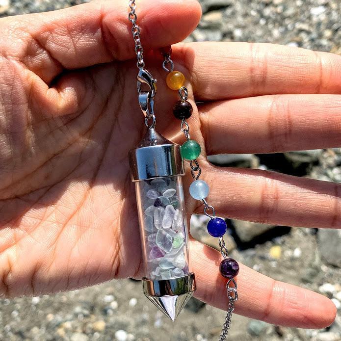 3 in 1 Rainbow Fluorite Crystal Chips Point Pendulum With Detachable Chakra Bead Chain (Use as a  Pendant, Bracelet & Pendulum) - Earth Family Crystals