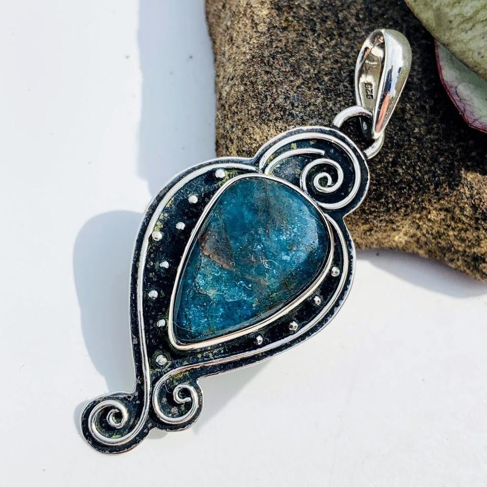 Deep Blue Apatite Elegant  Oxidized Sterling Silver Pendant (Includes Silver Chain) - Earth Family Crystals