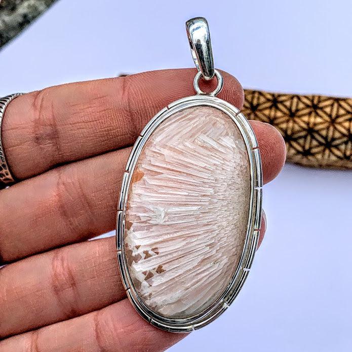 Gorgeous Large Silky Scolecite & Pink Stilbite Pendant in Sterling Silver (Includes Silver Chain) #1 - Earth Family Crystals