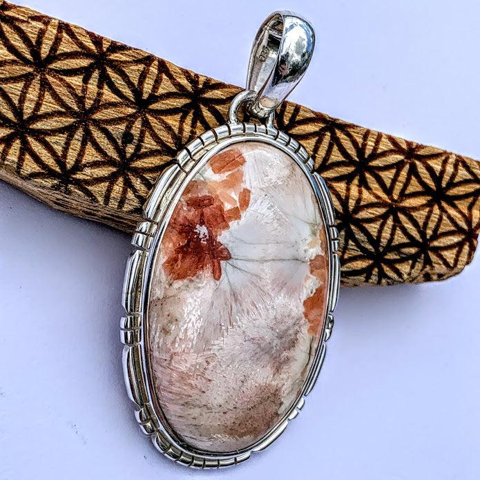 Gorgeous Large Silky Scolecite & Pink Stilbite Pendant in Sterling Silver (Includes Silver Chain) #2 - Earth Family Crystals