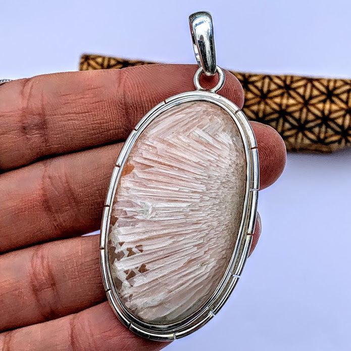 Gorgeous Large Silky Scolecite & Pink Stilbite Pendant in Sterling Silver (Includes Silver Chain) #1 - Earth Family Crystals