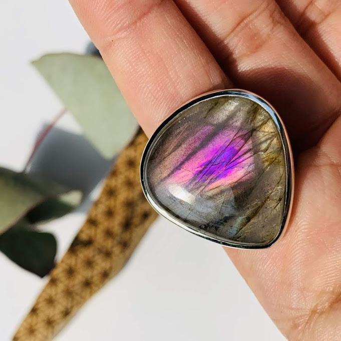 Chunky & Rare Purple & Pink Labradorite Gemstone Ring in Sterling Silver (Size 10) - Earth Family Crystals