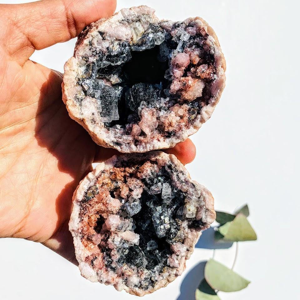 Complete Geode Set of 2 Matching Halves~Pink Amethyst With Black & Clear Calcite Inclusions From Patagonia - Earth Family Crystals
