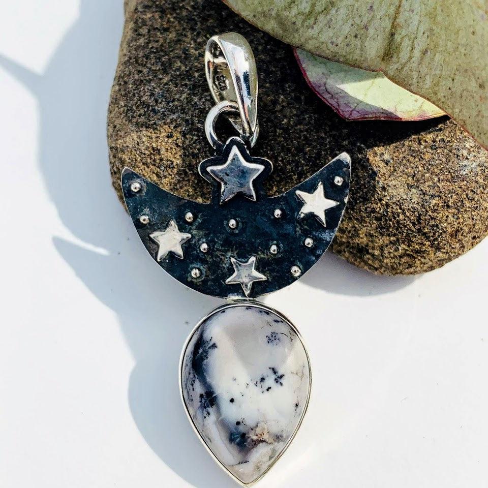 Trendy Crescent Moon & Stars Dendritic Agate Oxidized Sterling Silver Pendant (Includes Silver Chain) - Earth Family Crystals