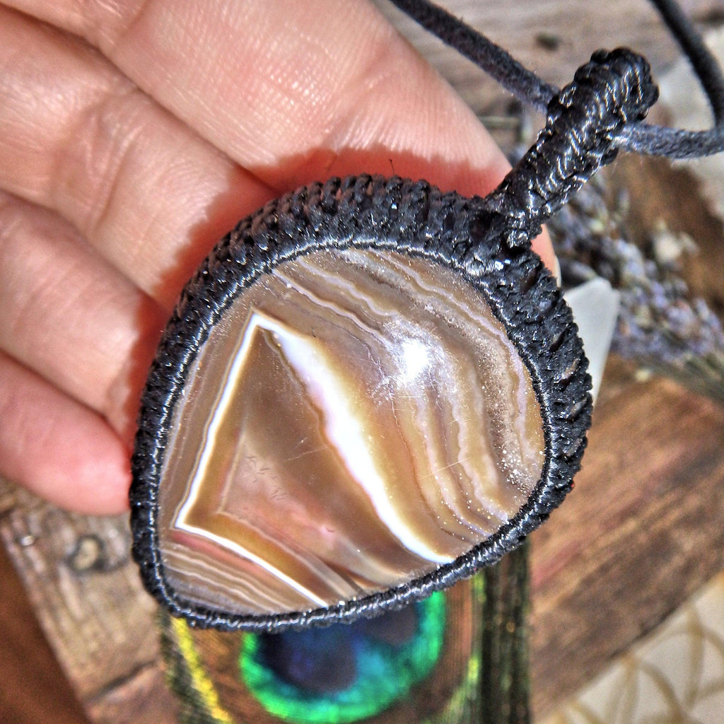 Swirls of Brown Chunky Agate Handmade Macrame Pendant on Adjustable Cotton Cord - Earth Family Crystals