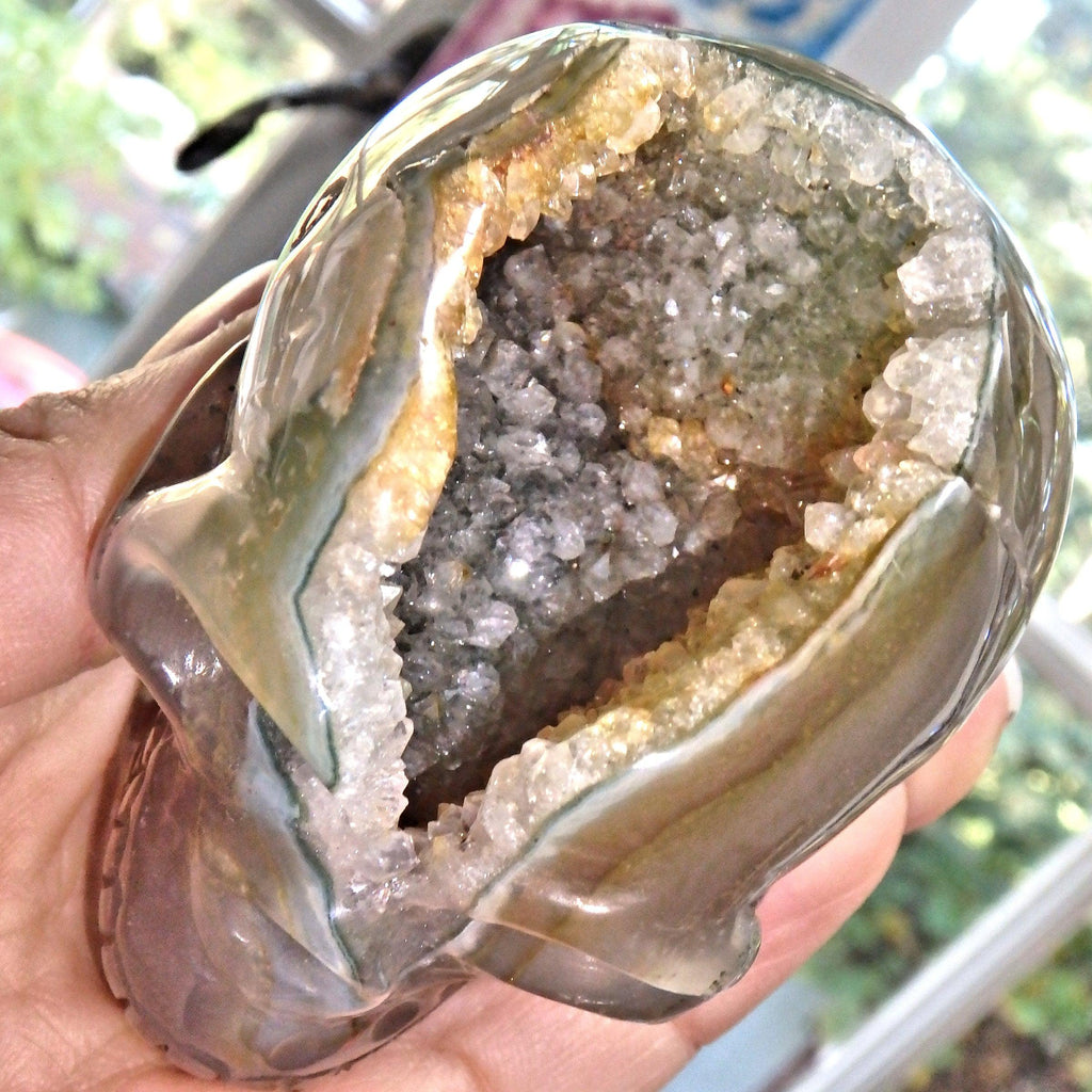 Galaxy Agate Incredible Deep Cave Skull Druzy Geode Carving - Earth Family Crystals