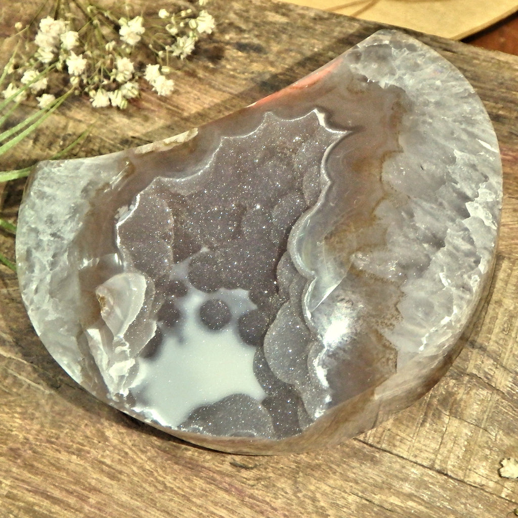 Breathtaking Large Sparkling Galaxy Agate Geode Crescent Moon Display Carving - Earth Family Crystals