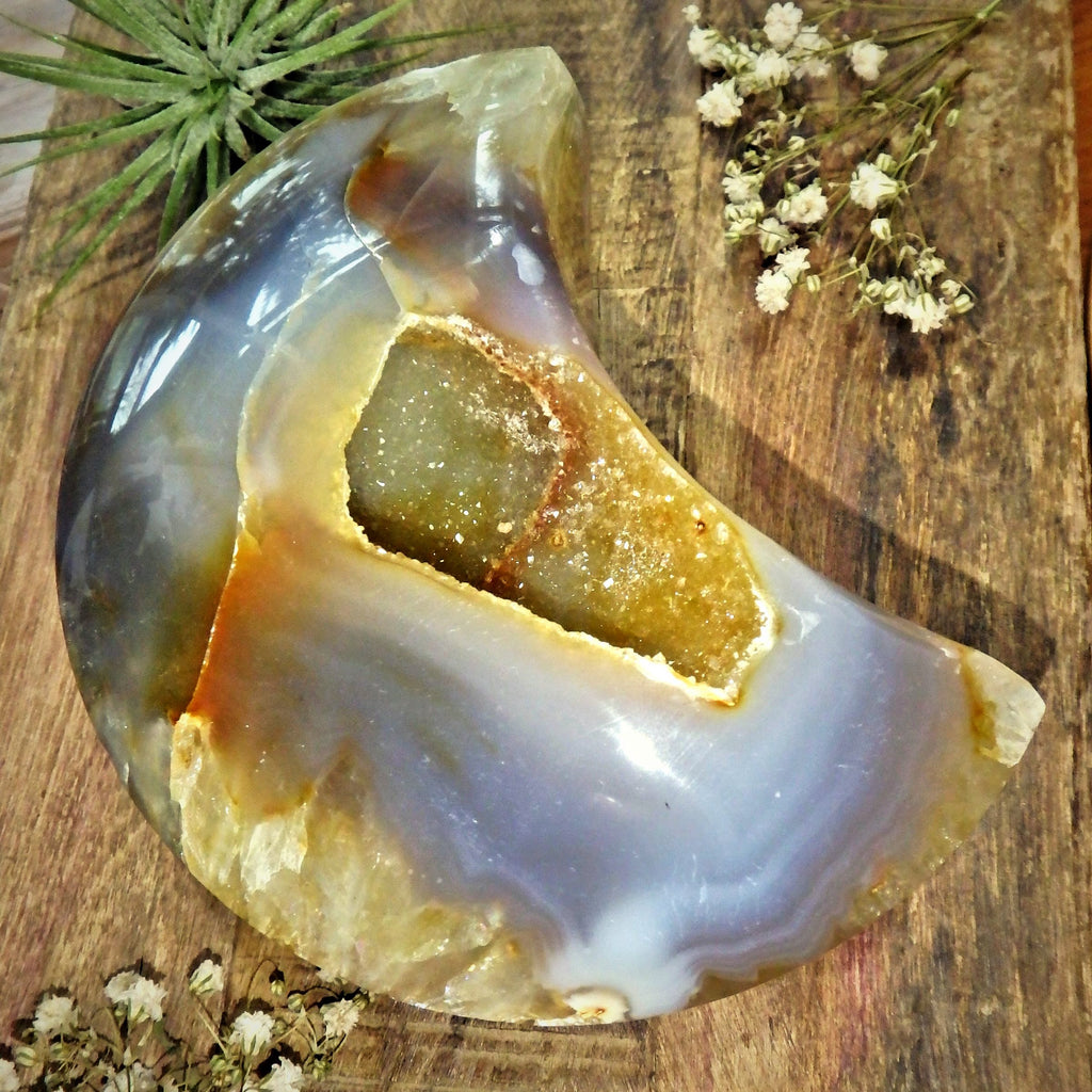 Incredible Chunky Large Sparkling Galaxy Agate Geode Crescent Moon Display Carving - Earth Family Crystals