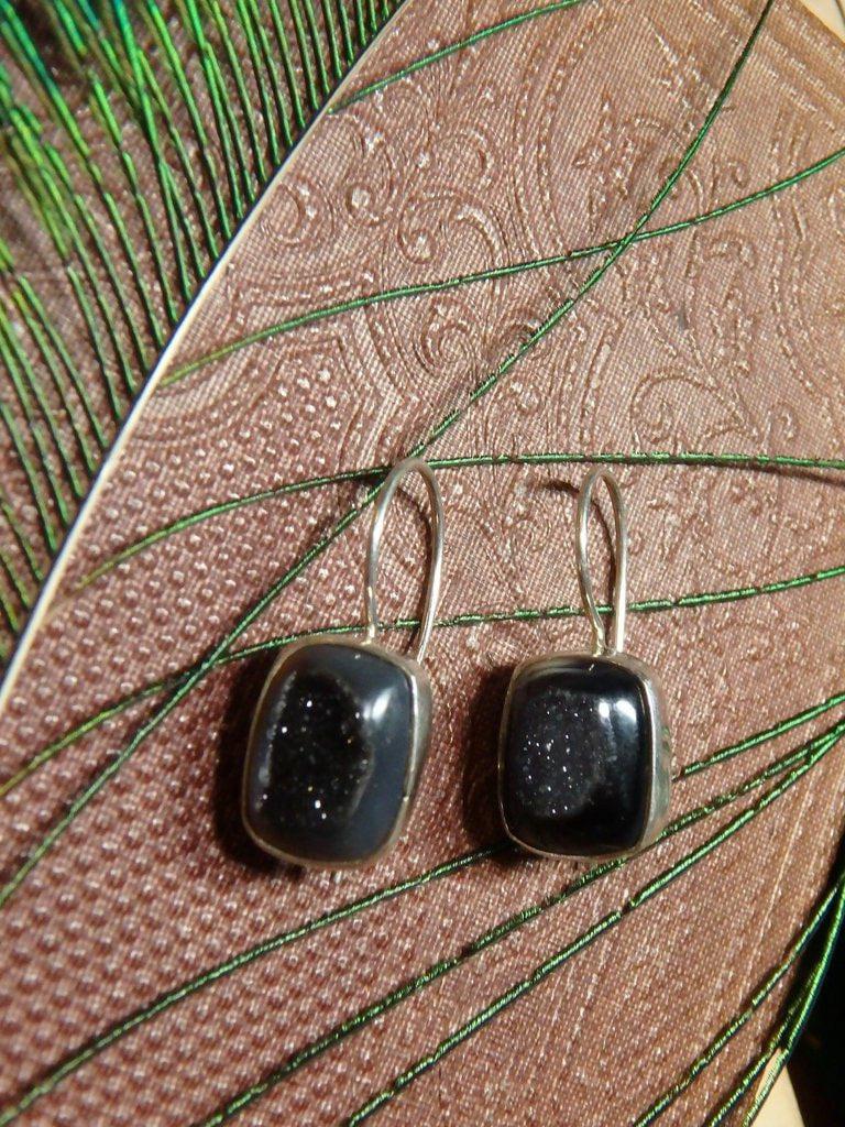 Black Druzy Agate Gemstone Earrings In Sterling Silver - Earth Family Crystals
