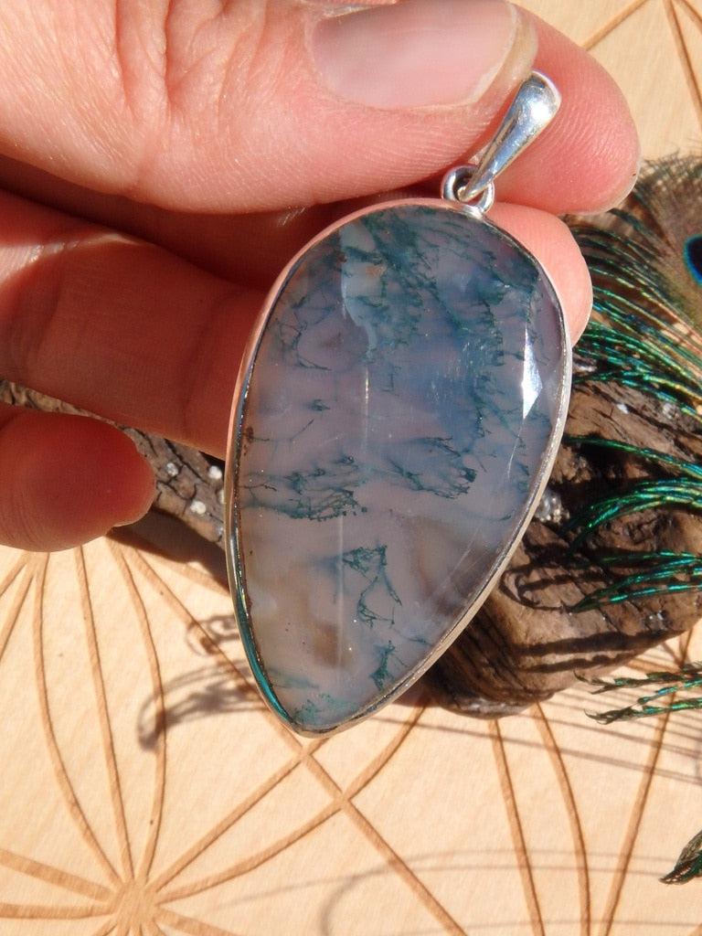 Unique Large Faceted Moss Agate Gemstone Pendant In Sterling Silver (Includes Silver Chain) - Earth Family Crystals