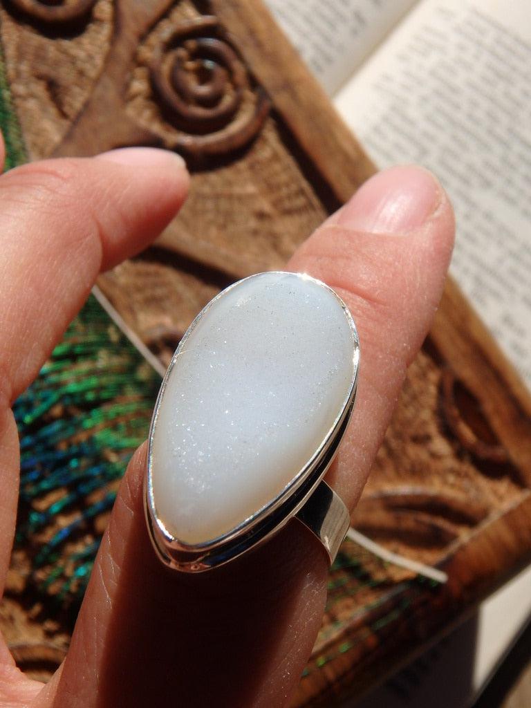 Glimmering White Agate Adjustable Sterling Silver Ring (Size 7-7.5) - Earth Family Crystals