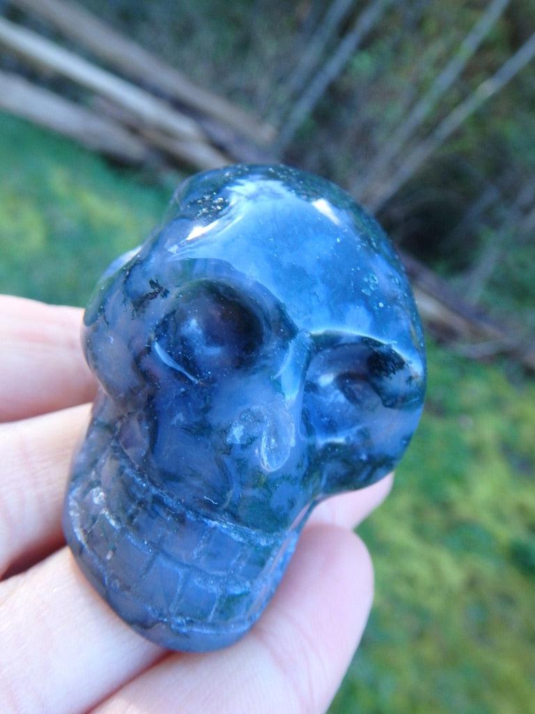 Fabulous Moss Agate Skull Carving With Mini Caves - Earth Family Crystals