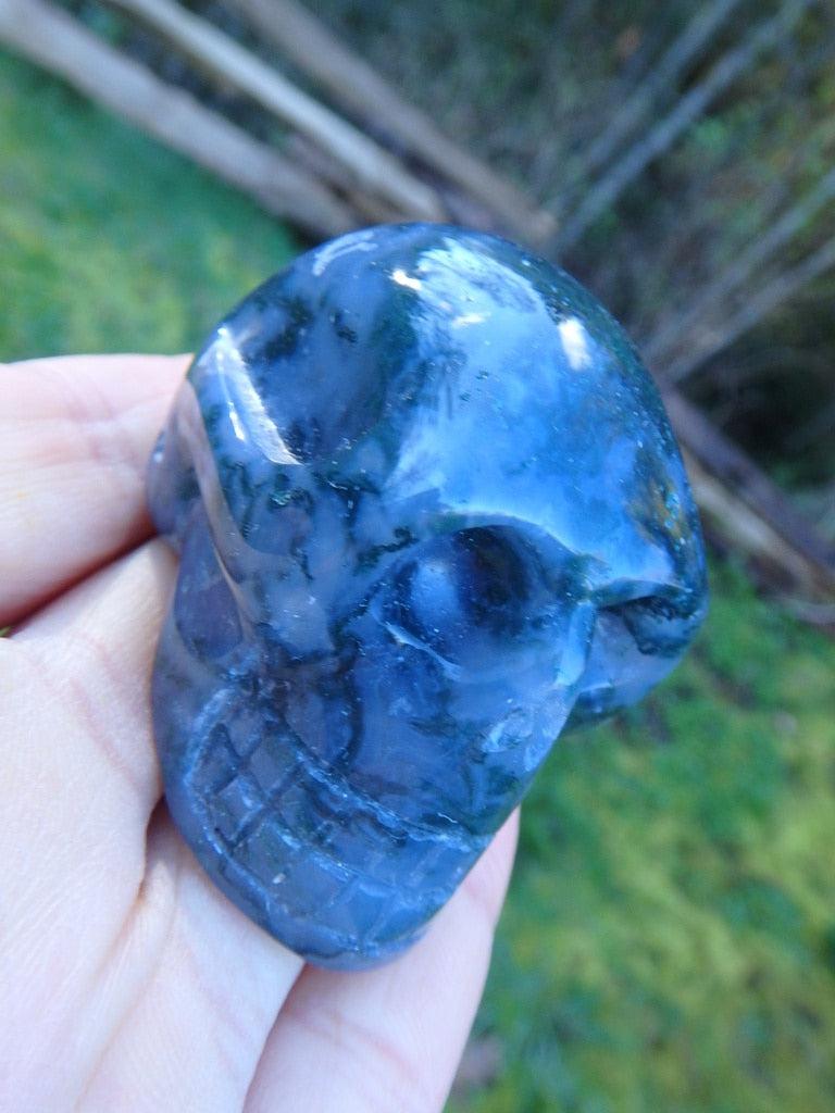 Fabulous Moss Agate Skull Carving With Mini Caves - Earth Family Crystals