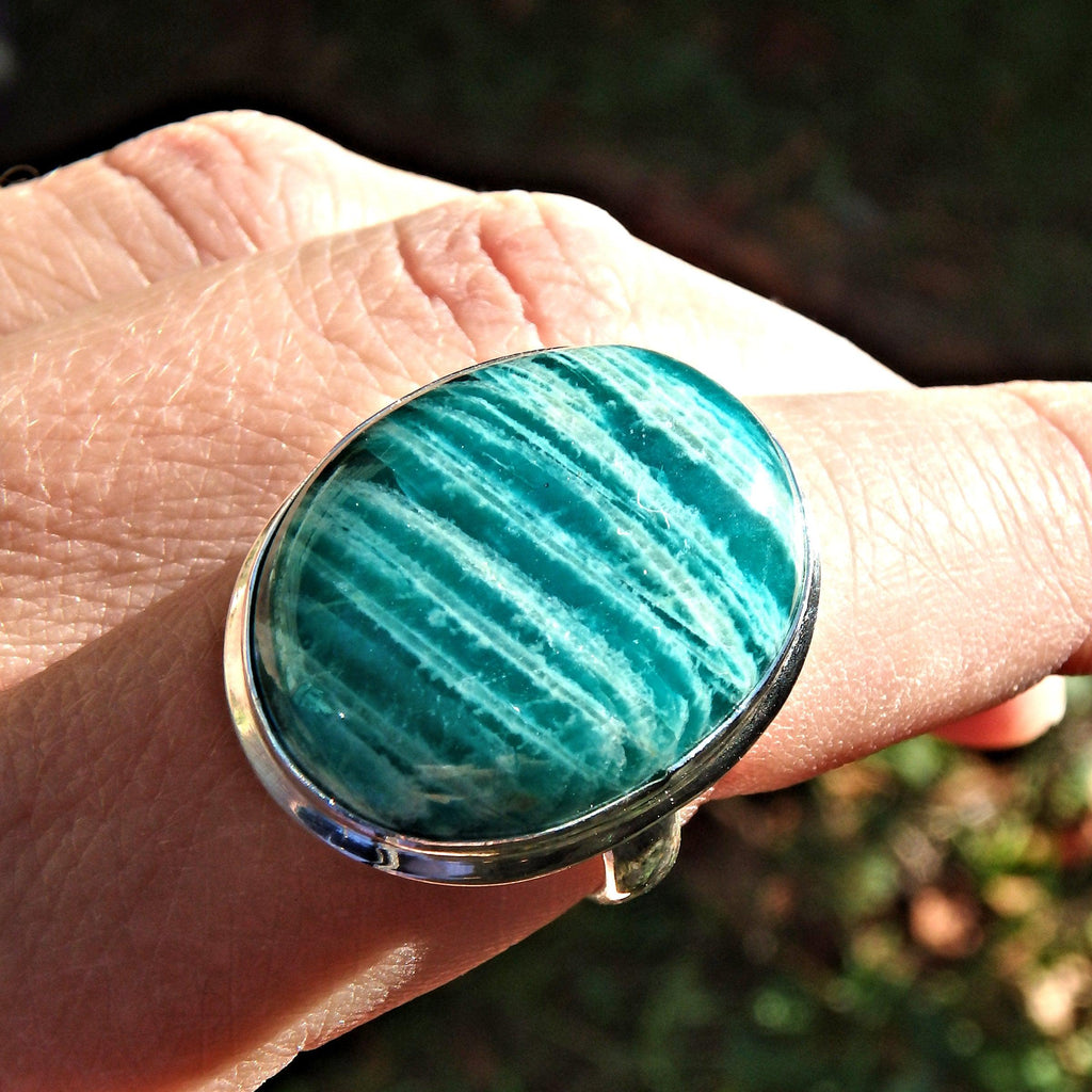 Exquisite Deep Turquoise & Zebra Stripes Amazonite Ring in Sterling Silver (Size 8.5) - Earth Family Crystals