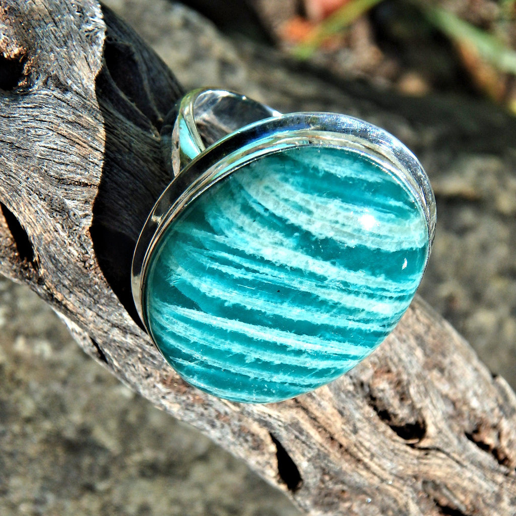 Exquisite Deep Turquoise & Zebra Stripes Amazonite Ring in Sterling Silver (Size 8.5) - Earth Family Crystals