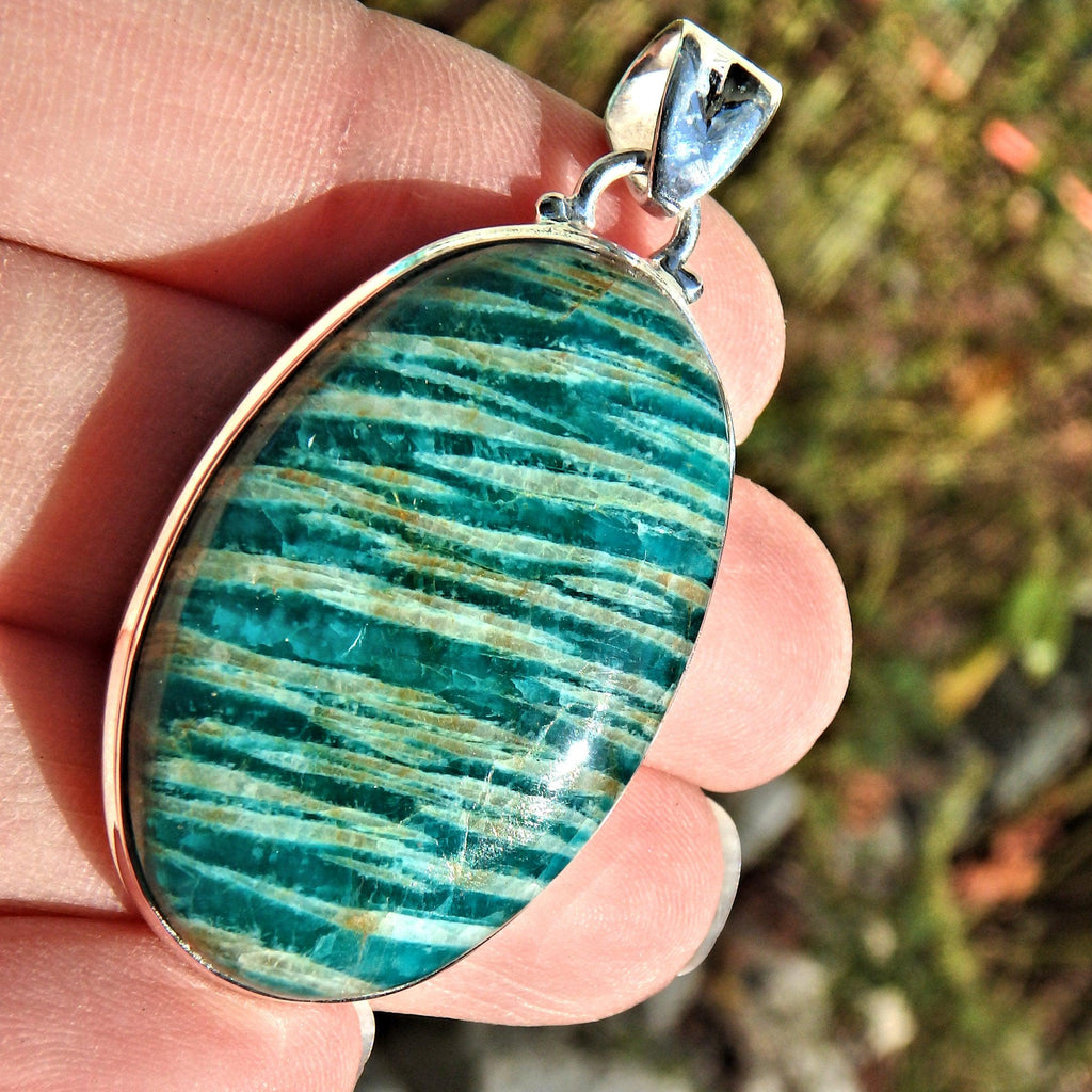 Exquisite Deep Turquoise Green & Zebra Stripes Large Amazonite  Pendant in Sterling Silver (Includes Silver Chain) - Earth Family Crystals