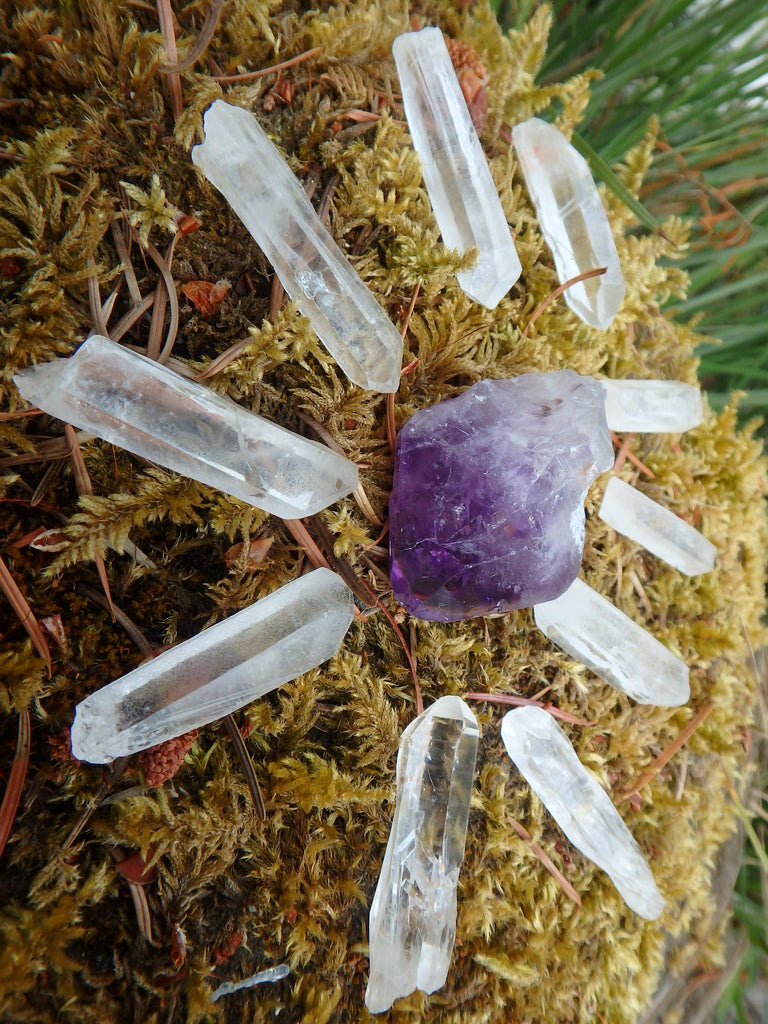 Manifestation Set~Natural Amethyst Point with 10 Clear Quartz Points Perfect for Crystal Grids - Earth Family Crystals