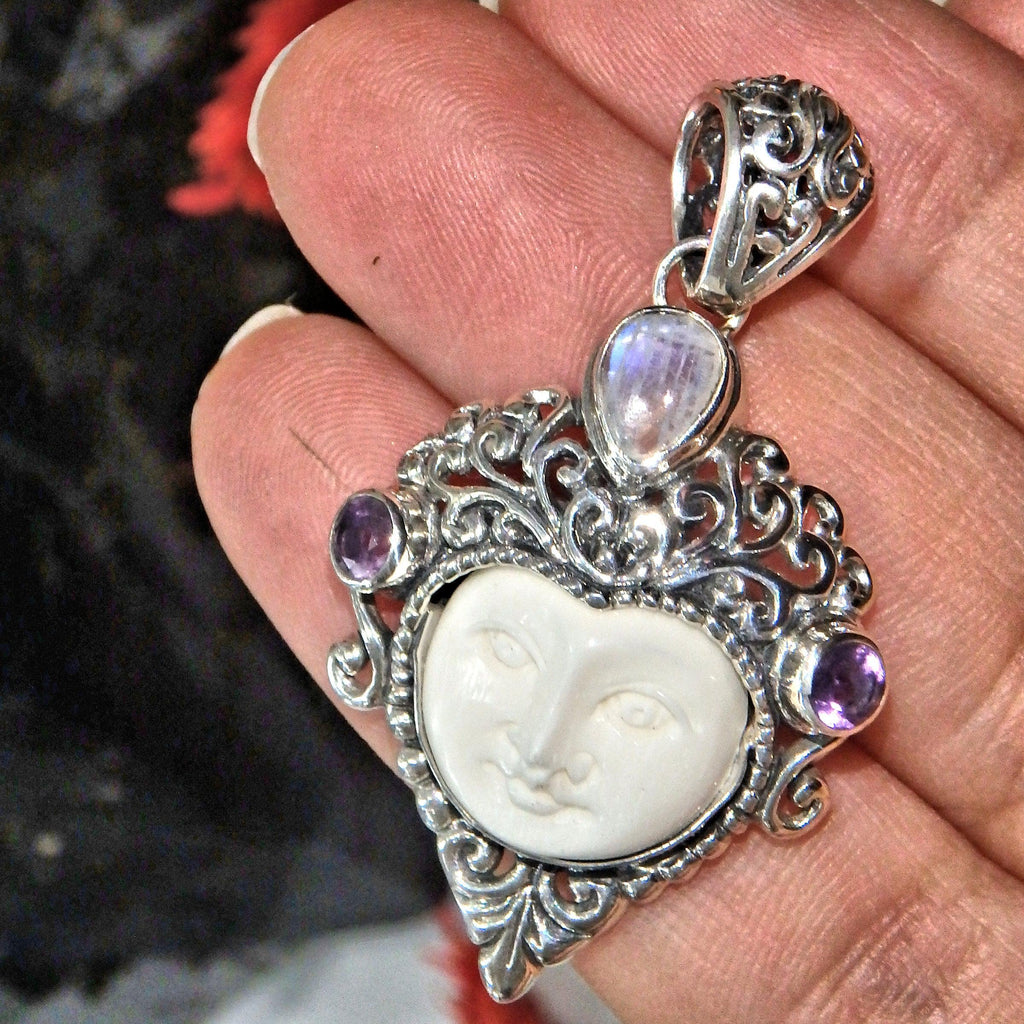 Elegant Faceted Amethyst Rainbow Moonstone Bone Face Pendant in Sterling Silver ( Includes Silver Chain) - Earth Family Crystals