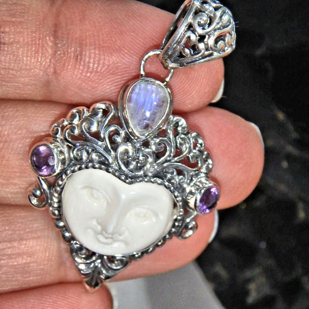 Elegant Faceted Amethyst Rainbow Moonstone Bone Face Pendant in Sterling Silver ( Includes Silver Chain) - Earth Family Crystals